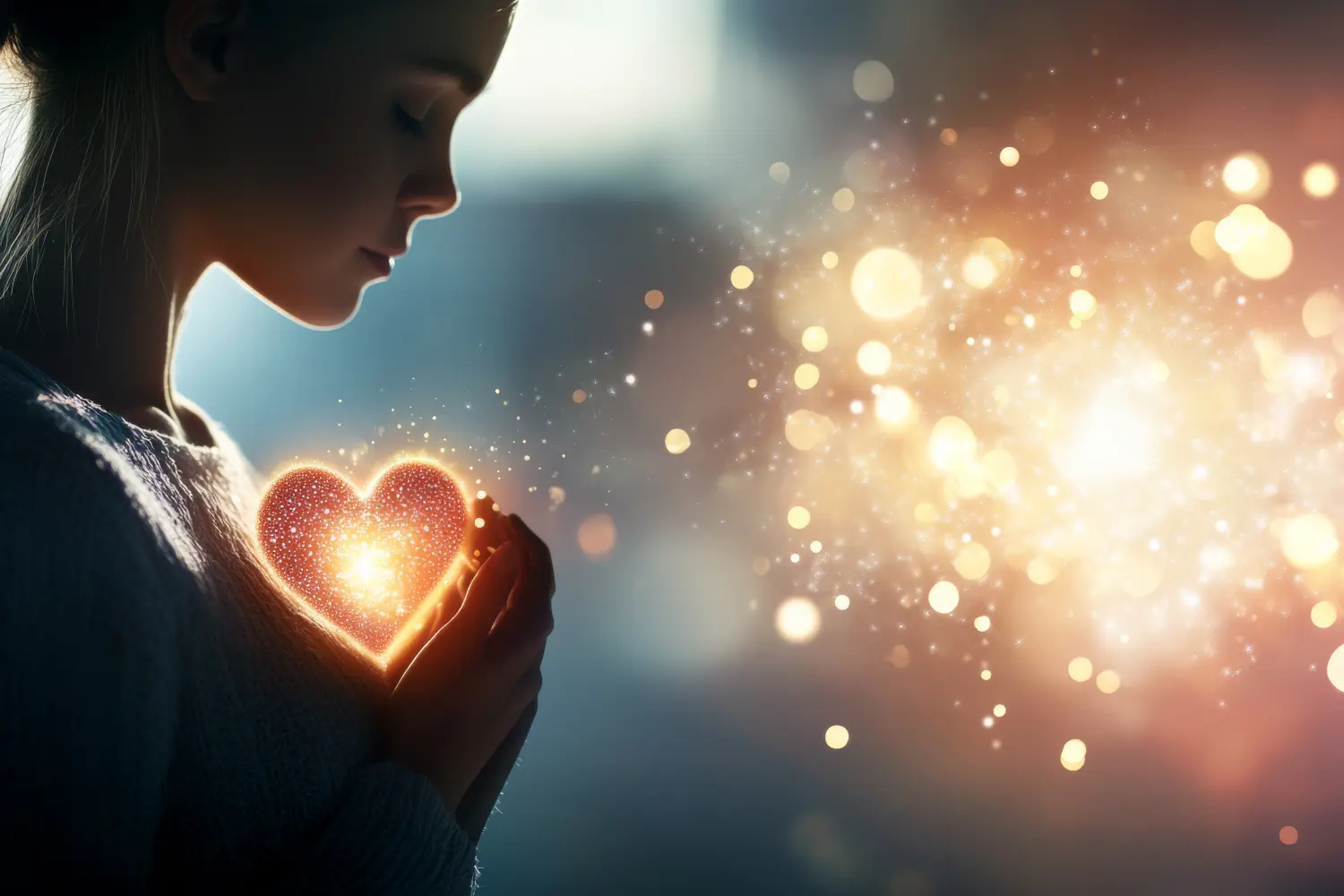 Seitenansicht einer jungen Frau mit heiterem Gesichtsausdruck, die ein leuchtendes Herz hält, vor einem Hintergrund aus hellen Lichtern.